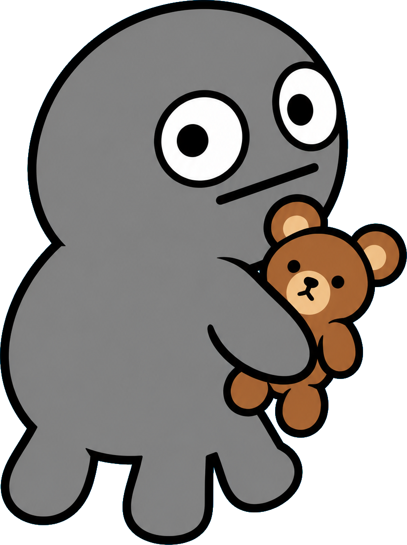 Frongus and Bear It, a slate-blue rounded blob with three stubby legs, large googly eyes and a straight black mouth, tucks a small brown bear plush under one side on white.
